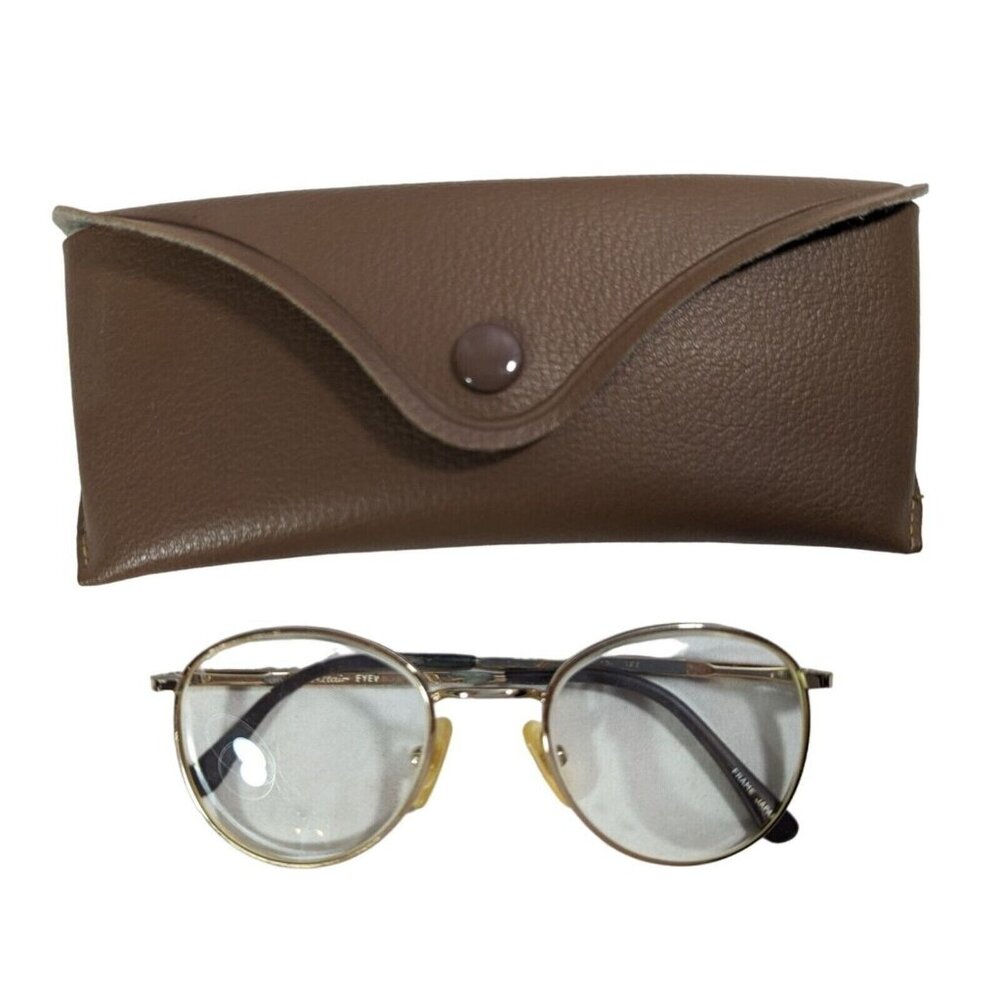 Gold Color Framed Eyeglasses and Brown Eyeglass Case Snap Lid Vintage 1970s